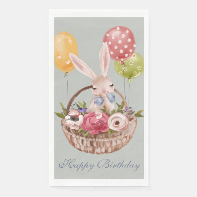 Serviette En Papier Jolie aquarelle Lapin Fleurs de lapin | Anniversai (Devant)