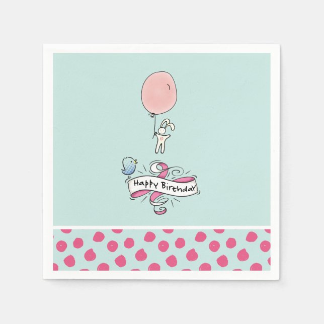 Serviette En Papier Jolie Bunny tenant un ballon Joyeux anniversaire (Devant)