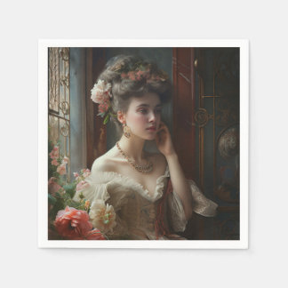 Serviette En Papier Jolie Dame En Robe Fleurs De Soie.