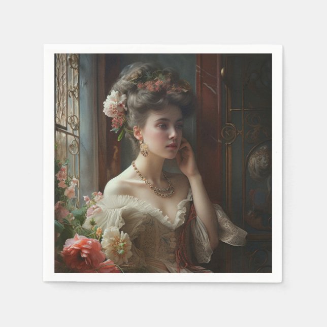 Serviette En Papier Jolie Dame En Robe Fleurs De Soie. (Devant)