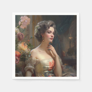 Serviette En Papier Jolie Dame En Robe Fleurs De Soie.