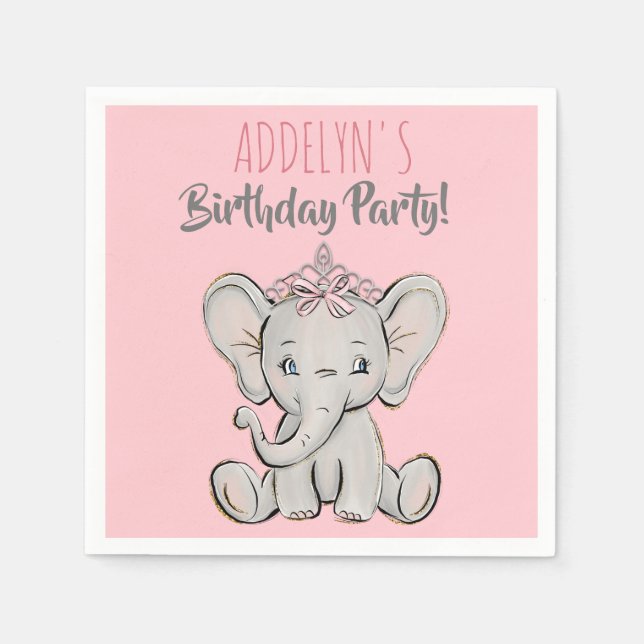 Serviette En Papier Jolie éléphant princesse rose fête d'anniversaire  (Devant)