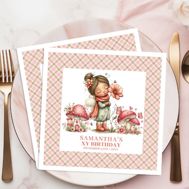 Serviette En Papier Jolie Fée Anniversaire Fleurs Roses Fête Sur Mesur (Pretty Fairy Birthday Pink Flowers Custom Party Napkins)