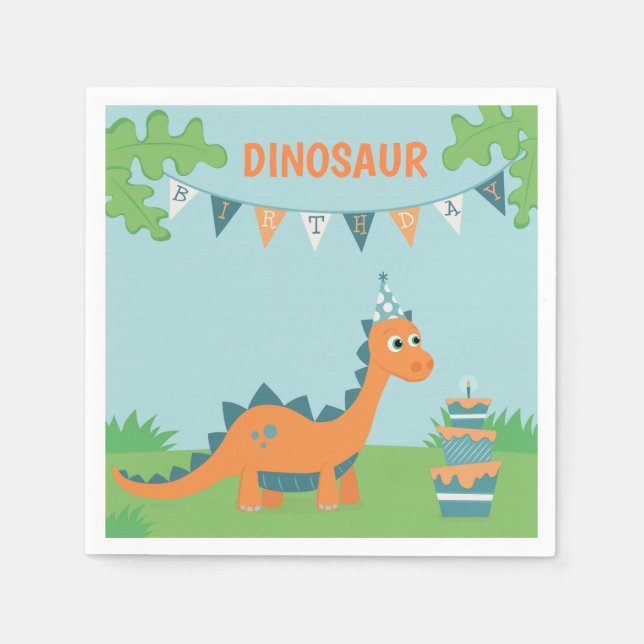 Serviette En Papier Jolie fête d'anniversaire de dinosaure orange (Devant)