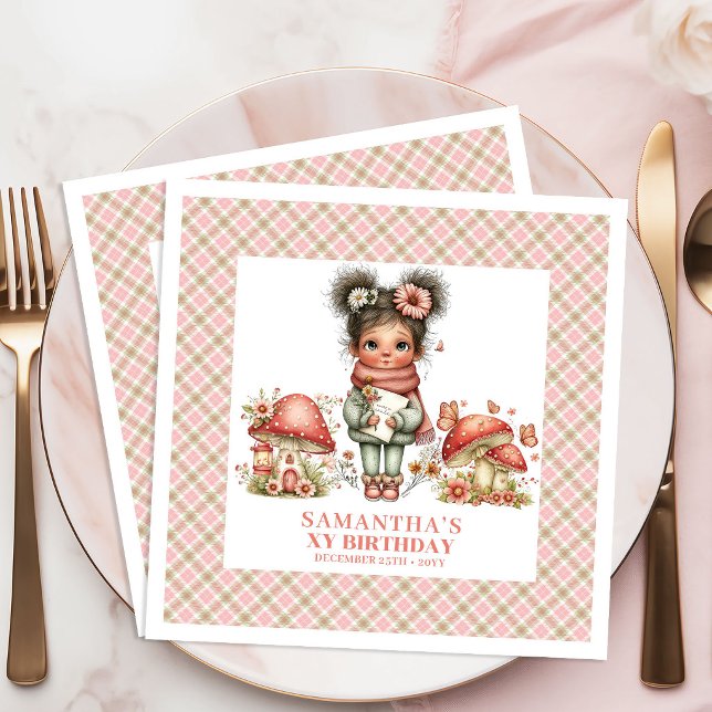 Serviette En Papier Jolie Fête d'Anniversaire Fleurie Rose Champignon  (Cute Fairy Mushroom Pink Floral Birthday Party Napkins)