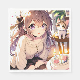 Serviette En Papier Jolie fille Anime avec Kitten et gâteau d'annivers
