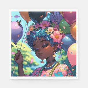 Serviette En Papier Jolie fille d'Anime noire avec anniversaire