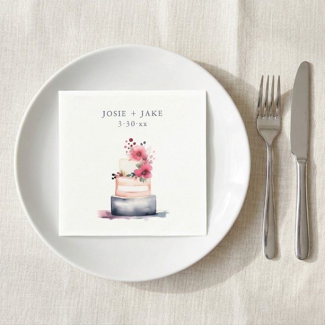 Serviette En Papier Jolie gâteau de mariage à l'aquarelle (Pretty watercolor wedding cake napkins.)