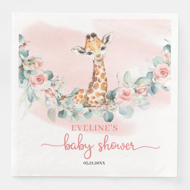 Serviette En Papier Jolie girafe d'aquarelle eucalyptus et roses blush (Devant)