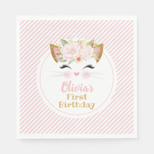 Serviette En Papier JOLIE KITTY Anniversaire de la fille rose et or