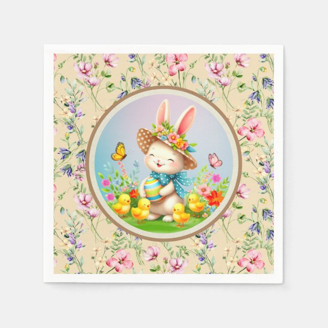 Serviette En Papier Jolie Lapin de Pâques et joyeux Fleurs de Printemp (Devant)