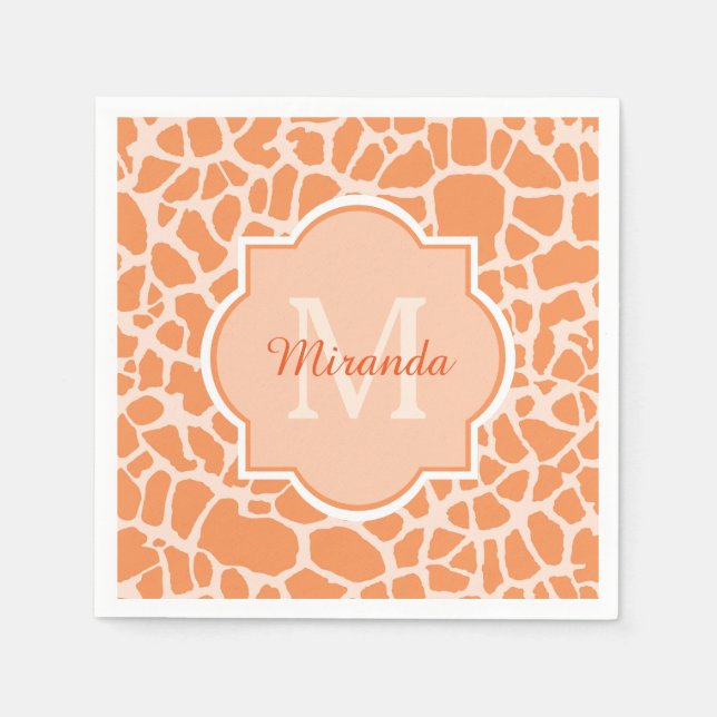 Serviette En Papier Jolie Orange Giraffe Imprimer Monogramme et nom (Devant)