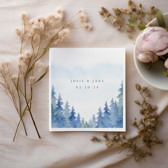 Serviette En Papier Jolie pinède d'hiver mariage serviette (Pretty napkin with blue pine trees. Used for a wedding reception meal with names and date.)