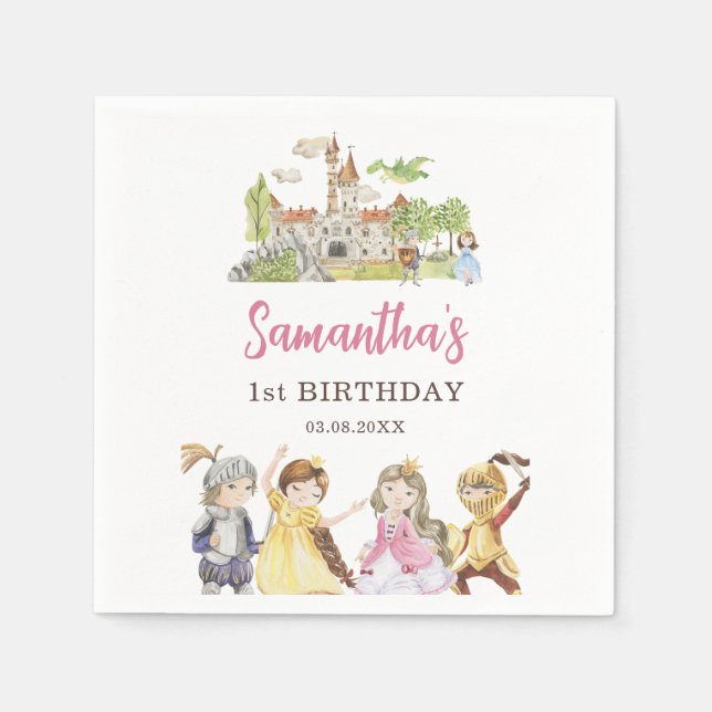 Serviette En Papier Jolie princesse et chevaliers Anniversaire (Devant)
