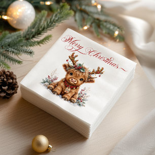 Serviette En Papier Jolie vache Highland de Noël avec des bois festifs