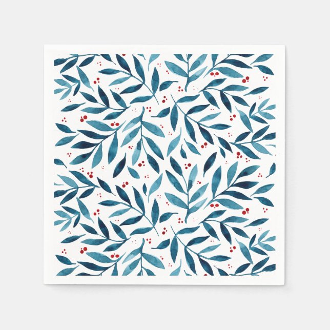 Serviette En Papier Jolies branches d'aquarelle - turquoise et rouge (Devant)