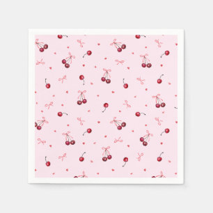Serviette En Papier Jolies cerises rouges cœurs arcs sur rose