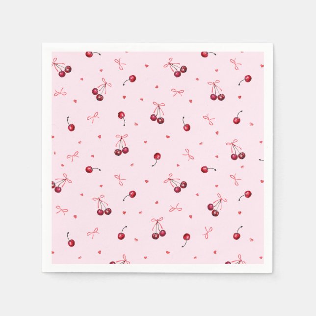 Serviette En Papier Jolies cerises rouges cœurs nœuds sur rose (Devant)