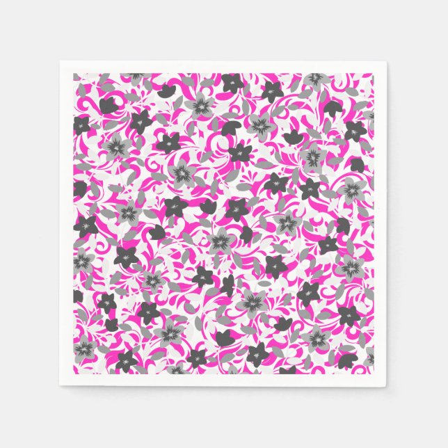 Serviette En Papier Jolies fleurs abstraites roses grises blanches (Devant)