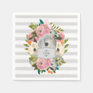 Serviette En Papier Jolies fleurs d'aquarelle avec rayures gris chic