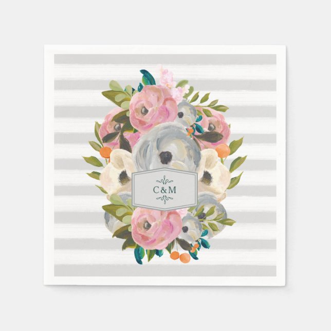 Serviette En Papier Jolies fleurs d'aquarelle avec rayures gris chic (Devant)