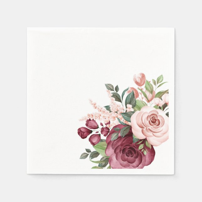 Serviette En Papier Jolies fleurs d'aquarelle bordeaux et roses (Devant)