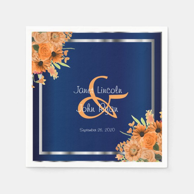Serviette En Papier Jolies fleurs orange sur bleu marine (Devant)