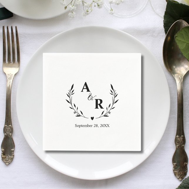 Serviette En Papier Jolies Initiales de Mariage Personnalisées Botaniq (Cute rustic botanical customized initials napkins add a cozy personal touch to your wedding table)