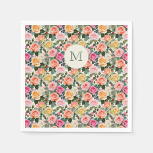 Serviette En Papier Jolies roses de jardin florales à monogramme éléga