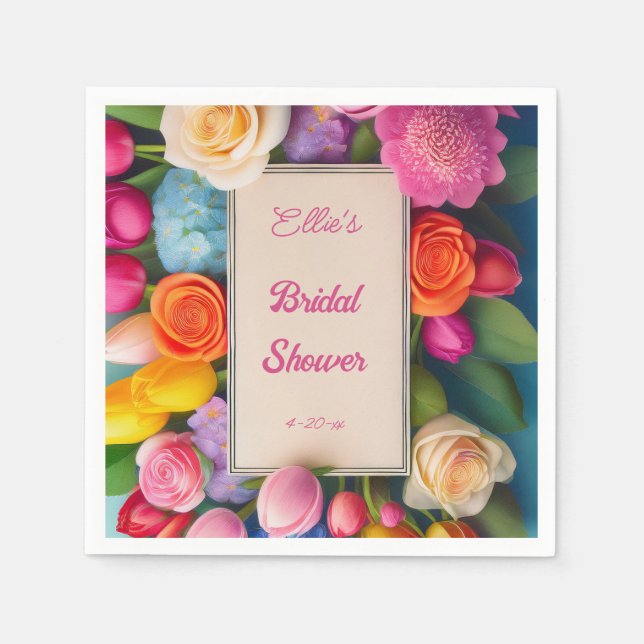 Serviette En Papier Jolies Roses Tulipes Hydrangeas Cadres Floraux Evé (Devant)