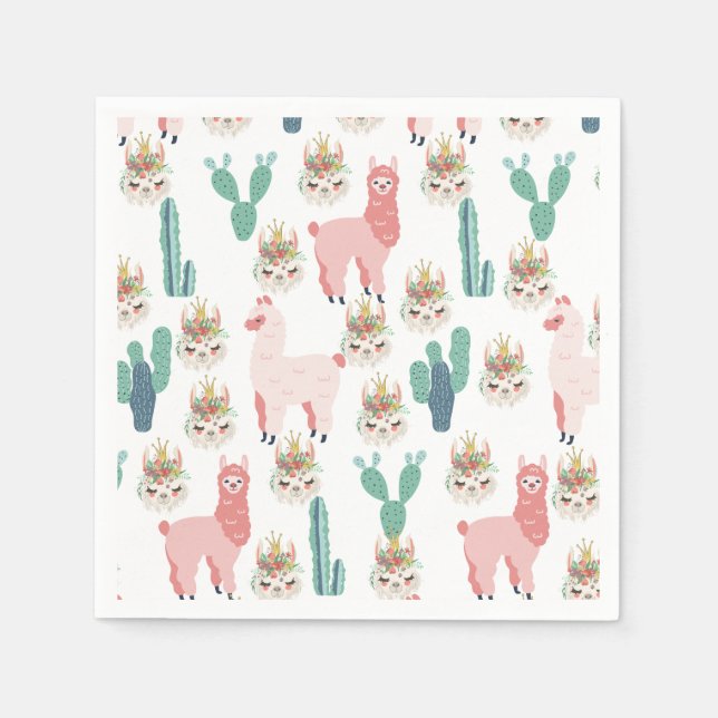 Serviette En Papier Jolis Llamas roses et Cactus vert (Devant)