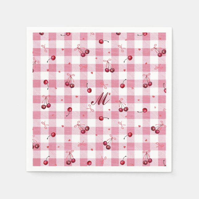 Serviette En Papier Jolis Nœuds Filles Cerises Rose Gingham Carreaux N (Devant)