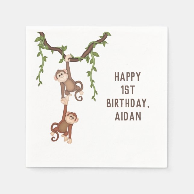 Serviette En Papier Jolis singes 1er anniversaire d'un enfant (Devant)
