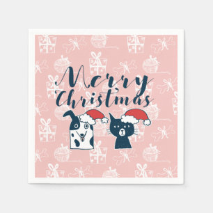 Serviette En Papier Jote Père Noël Chien & Chat Illustration Noël