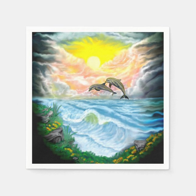 Serviette En Papier Jouer aux dauphins sous le soleil (Devant)