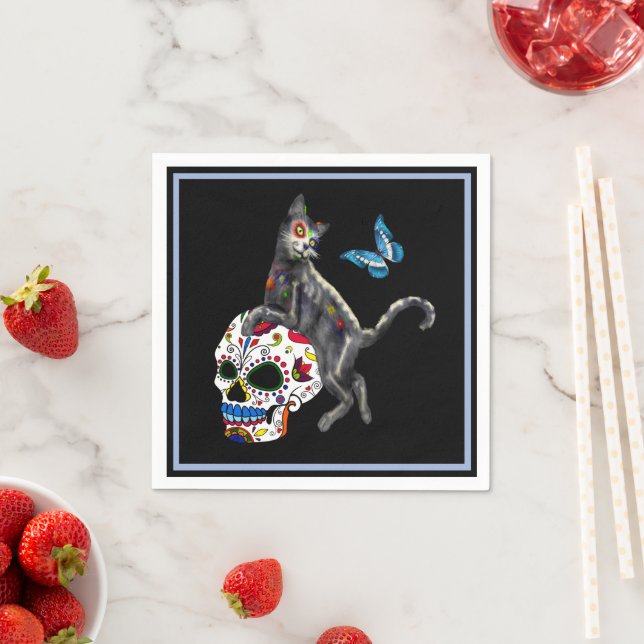 Serviette En Papier Jour De La Morte Chat Crâne Sucre Et Papillon (En situation)