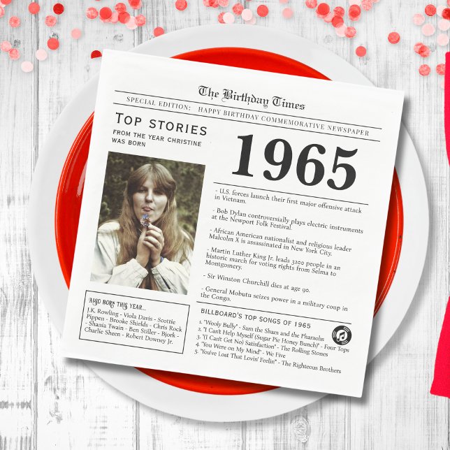 Serviette En Papier Journal d'anniversaire 1965 (White napkin with world news fun facts from 1965 in a newspaper design, unique personal party decor)