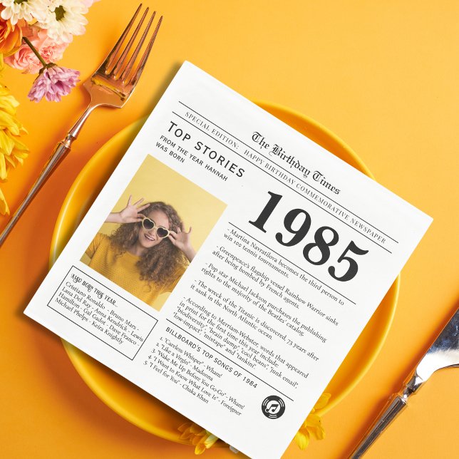 Serviette En Papier Journal de naissance 1985  (Born in 1985 birthday napkin in Newspaper style, custom photo and name personalized party supplies)