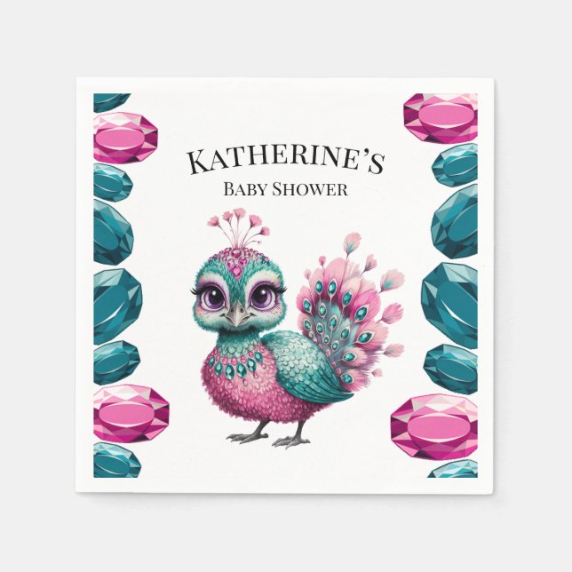 Serviette En Papier Joyau rose et Turquoise Baby shower Peacock bébé (Devant)