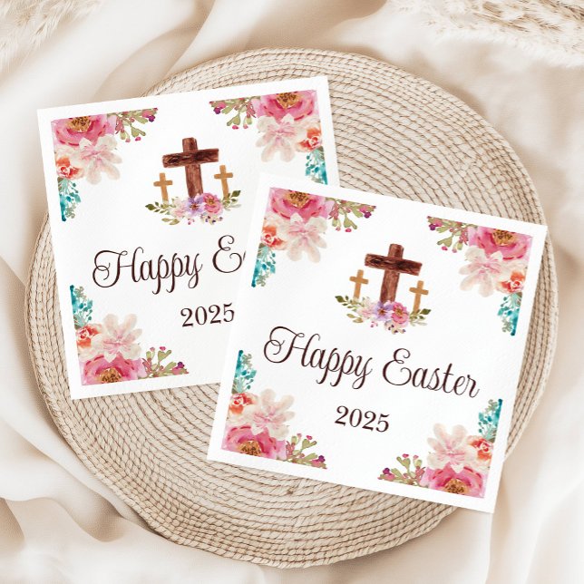 Serviette En Papier Joyeuse aquarelle florale de Pâques Croix religieu (Happy Easter Floral Watercolor Religious Cross Napkins)