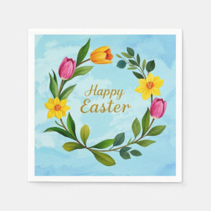 Serviette En Papier Joyeuse couronne d'aquarelle de Pâques tulipes