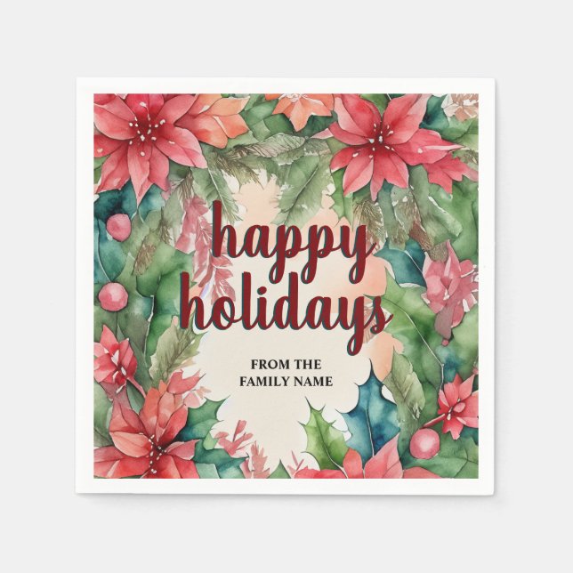 Serviette En Papier Joyeuse couronne verte et rouge Poinsettia vacance (Devant)