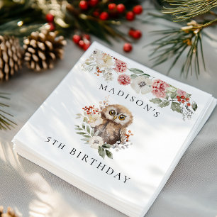 Serviette En Papier Joyeuse fête d'anniversaire avec un hibou aquarell