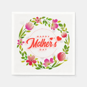 Serviette En Papier Joyeuse Fête des Mères Aquarelle Fleurs Roses & Cœ