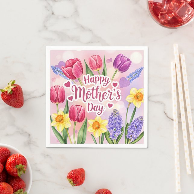 Serviette En Papier Joyeuse fête des Mères, fleurs printanières, (En situation)