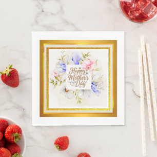 Serviette En Papier Joyeuse Fête des Mères Floral Élégant I Paillettes
