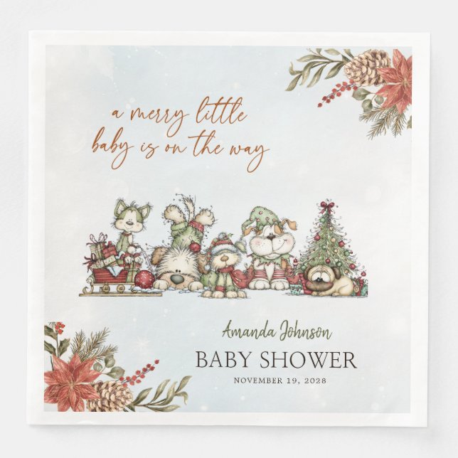 Serviette En Papier Joyeuse petite fête de bébé Noël chiots  (Devant)