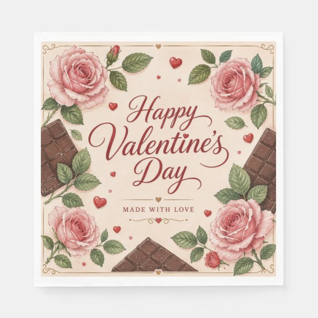 Serviette En Papier Joyeuse Saint Valentin Roses Roses Chocolats (Devant)