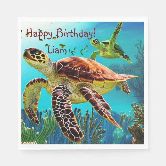 Serviette En Papier Joyeuse tortue marine d'anniversaire (Devant)