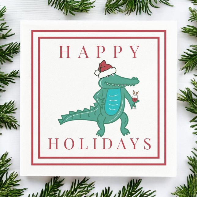 Serviette En Papier Joyeuses Fêtes Alligator Père Noël Renne Vin (Créateur téléchargé)